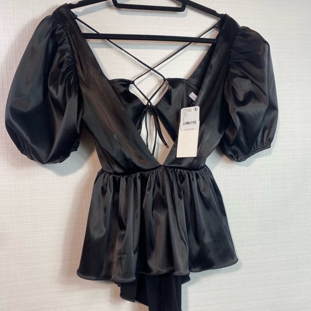 Allina Liu Puff Sleeve Deep V-Neck Babydoll Open Back Lace-Up Corset Blouse Top